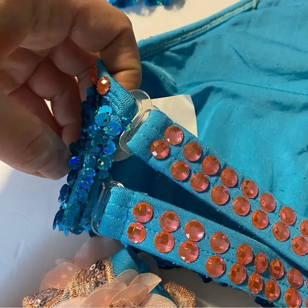 Glamour solo dance costume 2 piece blue pink sequin lace XLC-Extra large child